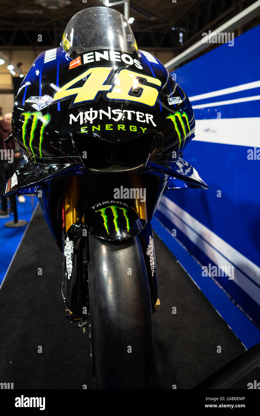 Front view of the Yamaha YZR-M1 ridden by Valentino Rossi for the Monster Energy Yamaha MotoGP team in the 2019 MotoGP championship Stock Photo