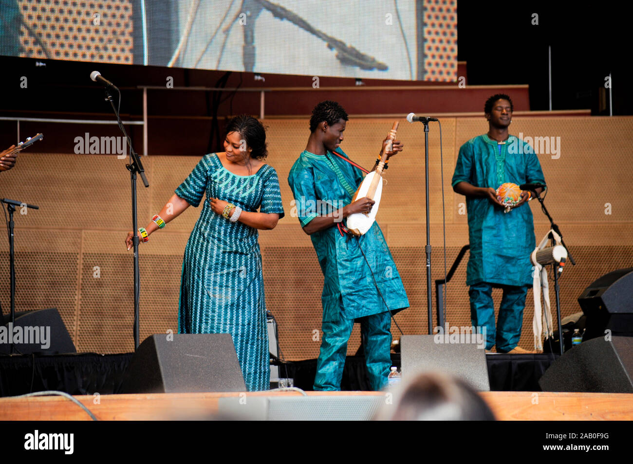 Bassekou Kouyaté and his band, Ngoni Ba, from Mali. The female singer is Amy Sacko. The ngoni or 'n'goni' is a string instrument originating in West A Stock Photo