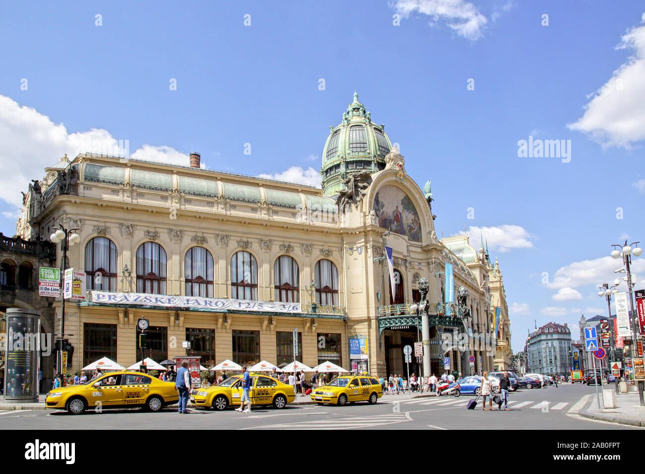 Municipal House is Prague’s most prominent Art Nouveau building stands on the site of the former Royal Court palace, the King’s residence between 1383 Stock Photo