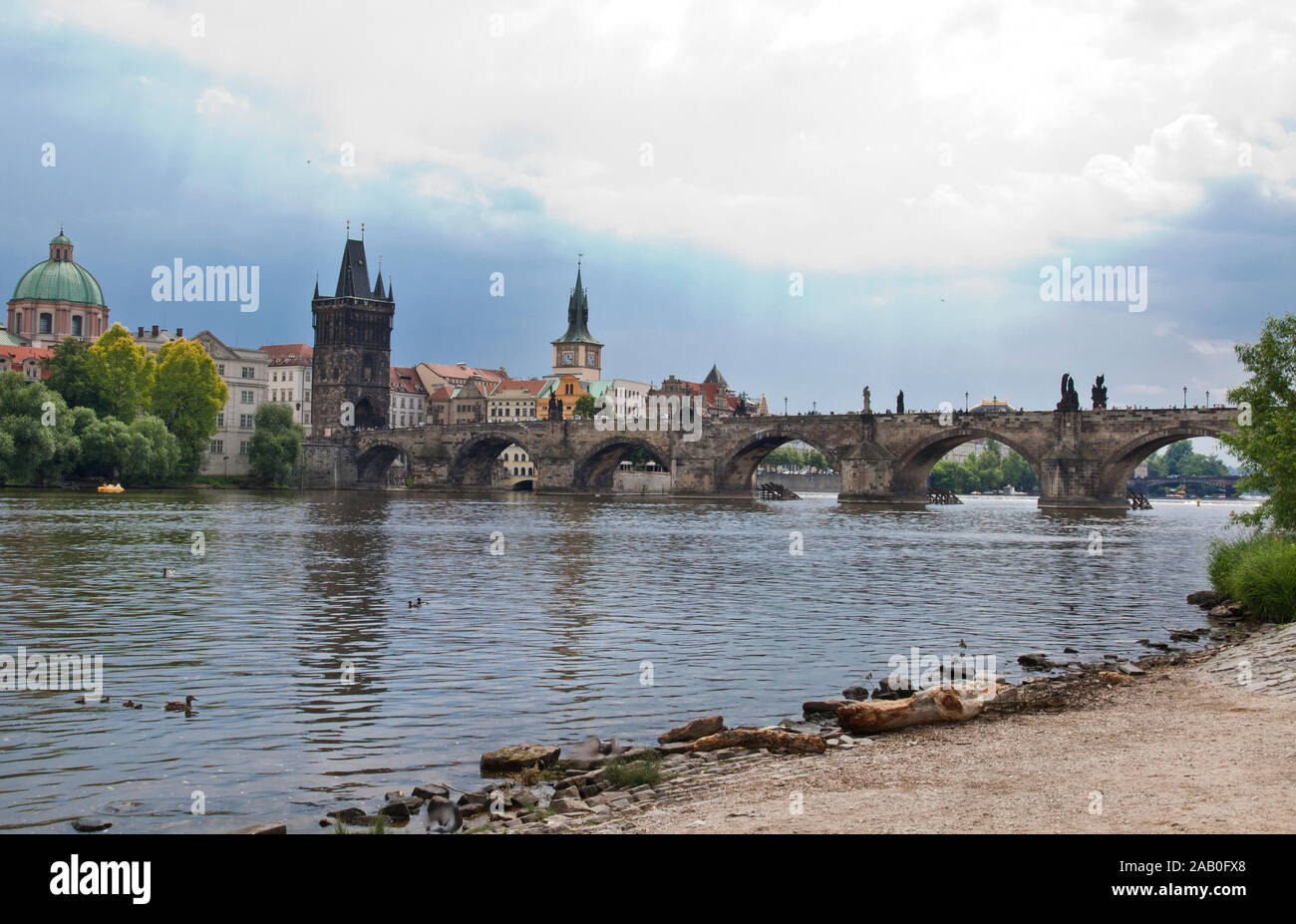 The famous Charles Bridge The Old Town Bridge Tower started in 1357 under the auspices of King Charles IV, and finished in the beginning of the 15th c Stock Photo