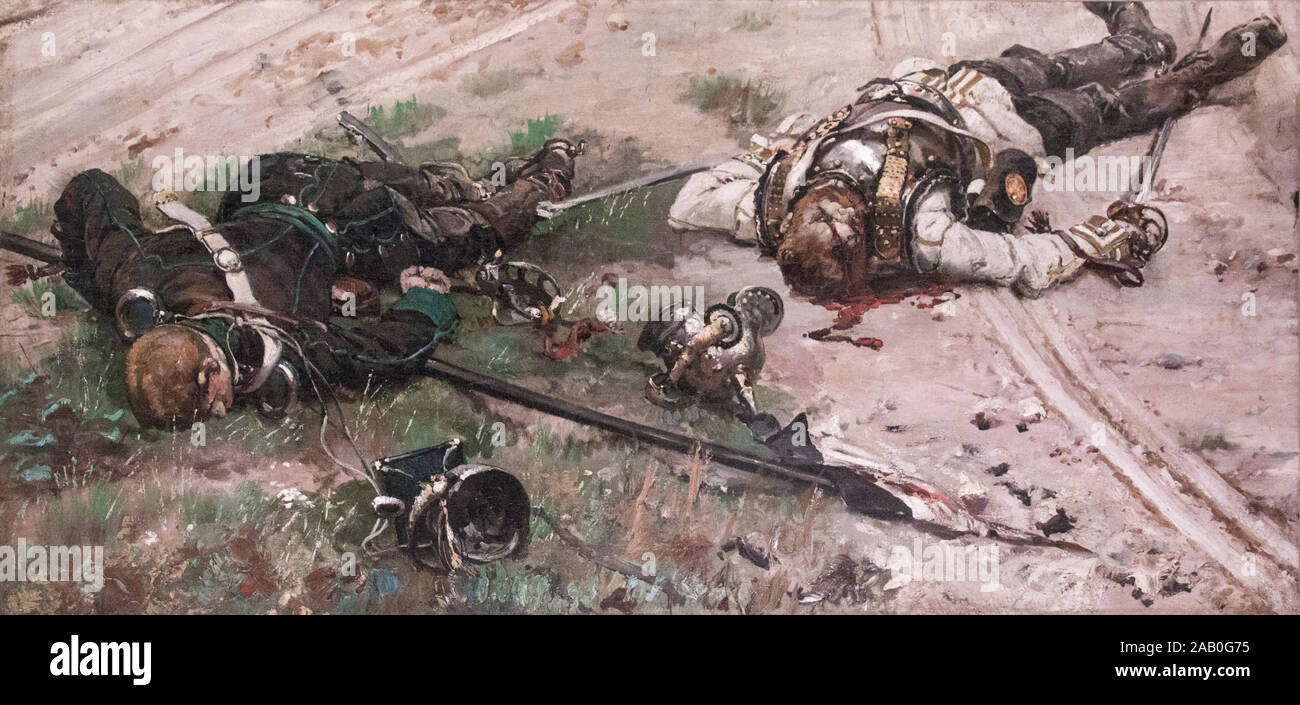 Dead Uhlan from the 16th regiment (Altmark) and cuirassier from the 7th regiment, of von Bredow Brigade. Fragment of the Panorama of the battle of Rez Stock Photo