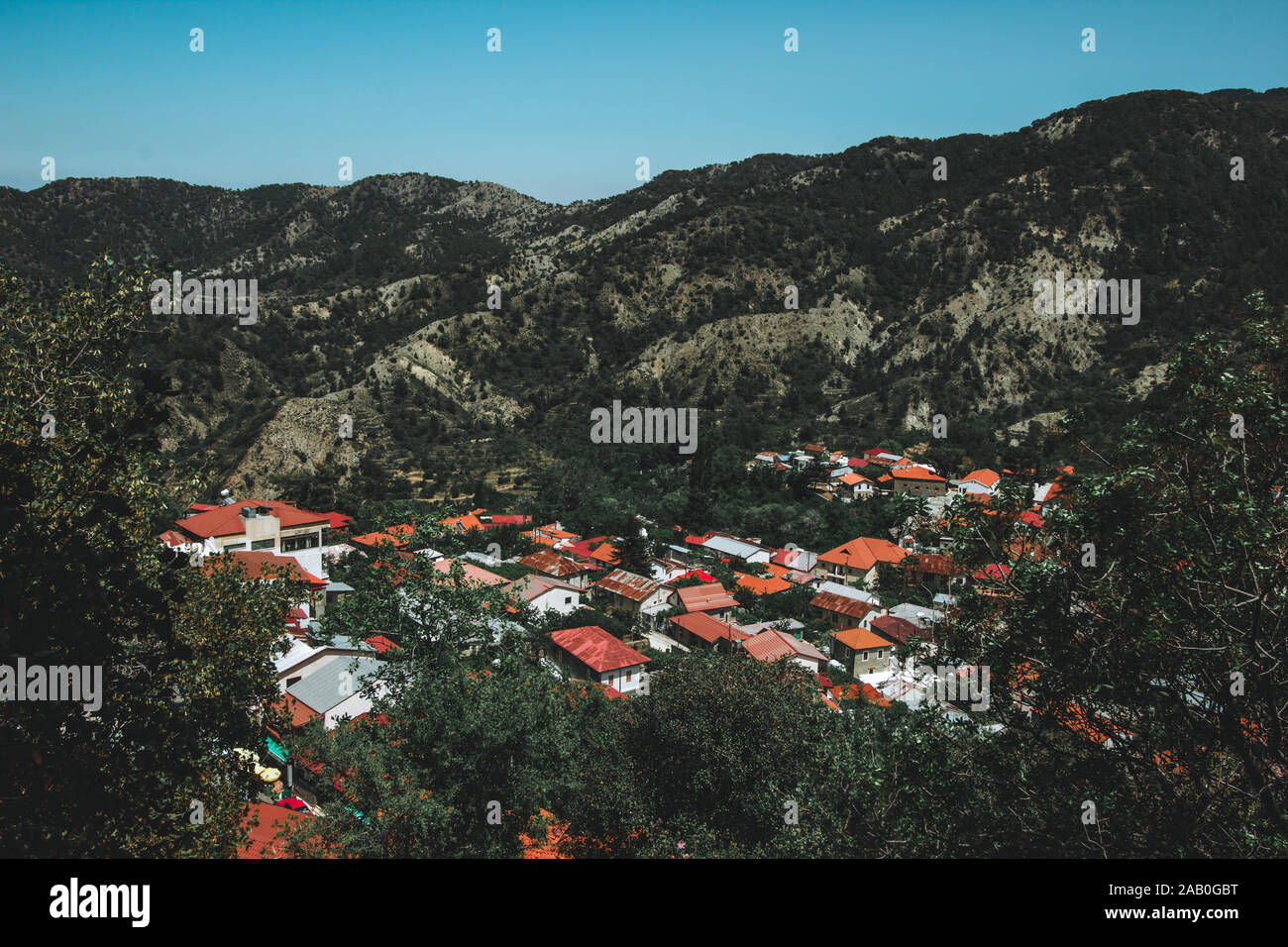 Panoramic view near of Kato Lefkara - is the most famous village in the Troodos Mountains. Limassol district, Cyprus, Mediterranean Sea. Mountain land Stock Photo