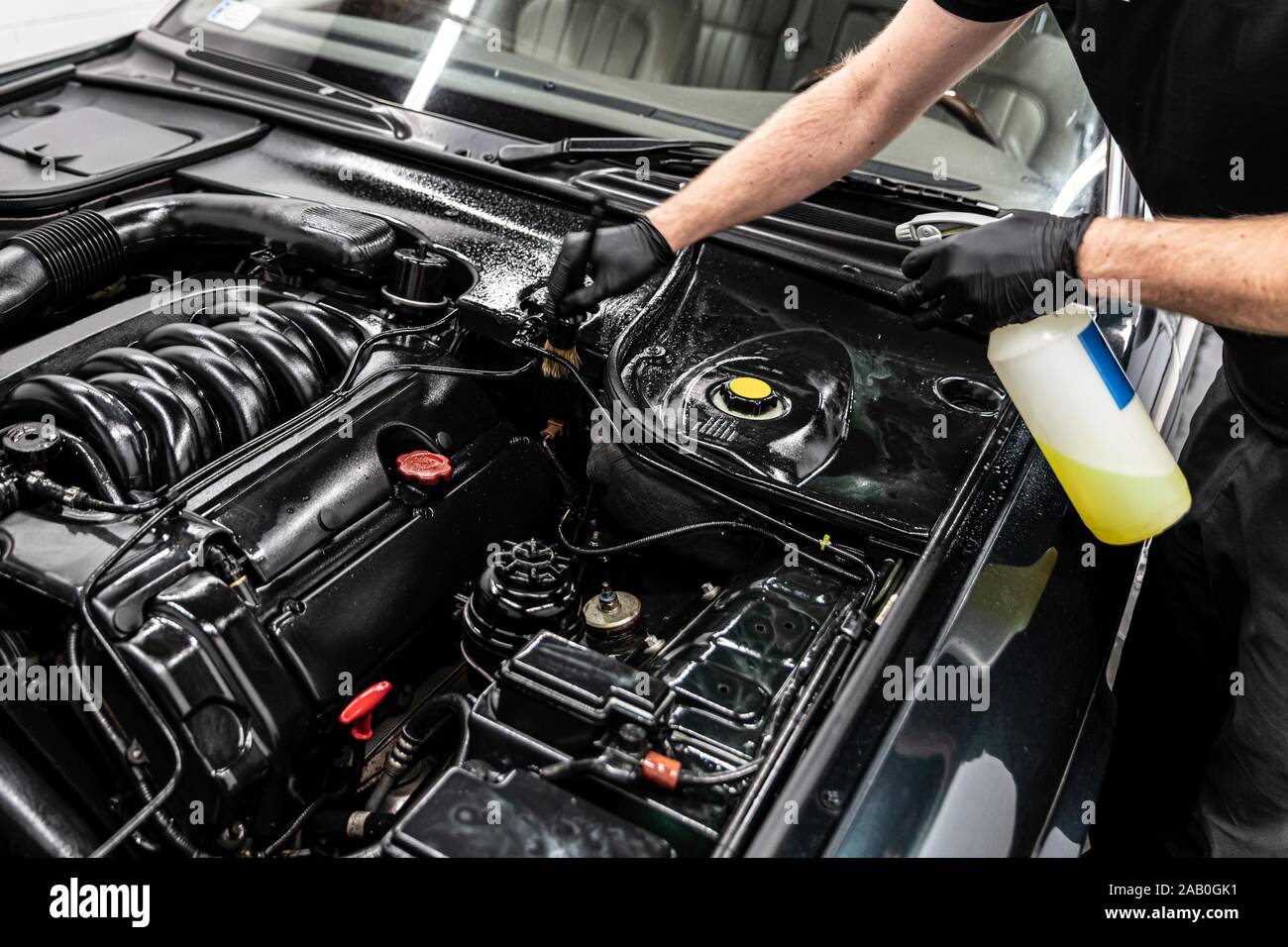 Car wash worker cleaning car engine Stock Photo Alamy