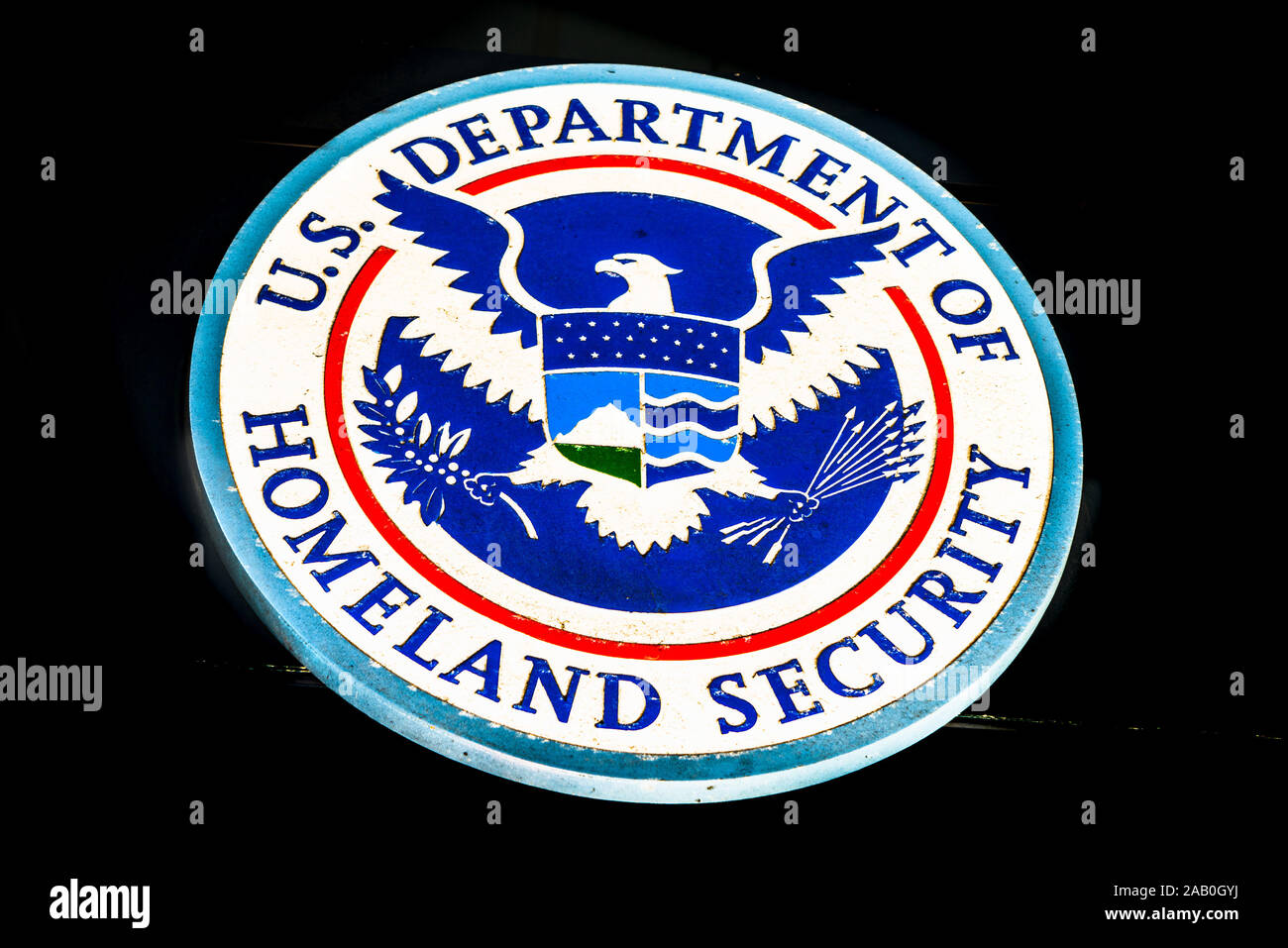 Nov 17, 2019 San Francisco / CA / USA - U.S. Department of Homeland Security Seal located at one of their buildings in downtown San Francisco Stock Photo