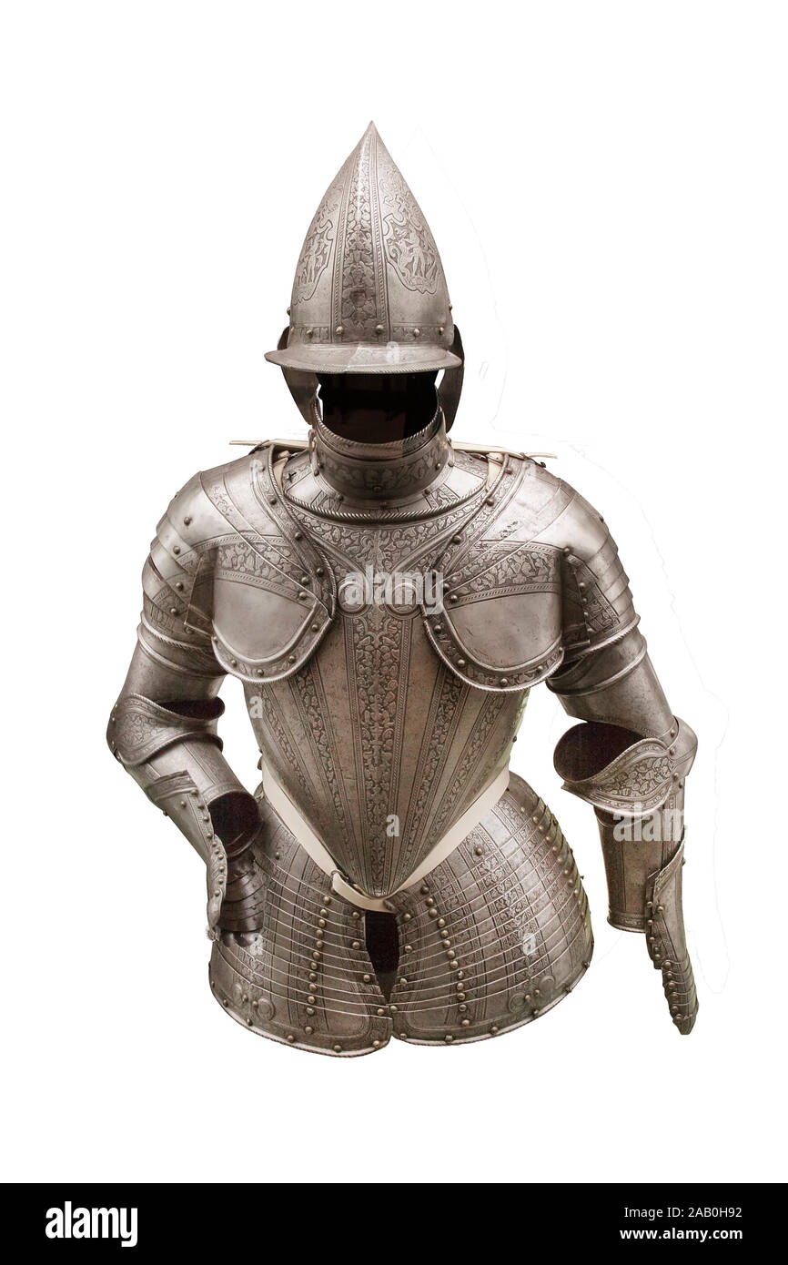 Half-armour with a cheek-cap adorned with bands engraved with etching, Italian work, end of the 16th century Stock Photo