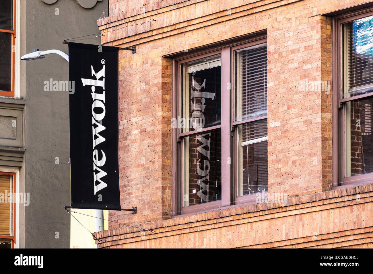 Nov 17, 2019 San Francisco / CA / USA - WeWork office building located in SOMA district; WeWork is an American company that provides shared work space Stock Photo