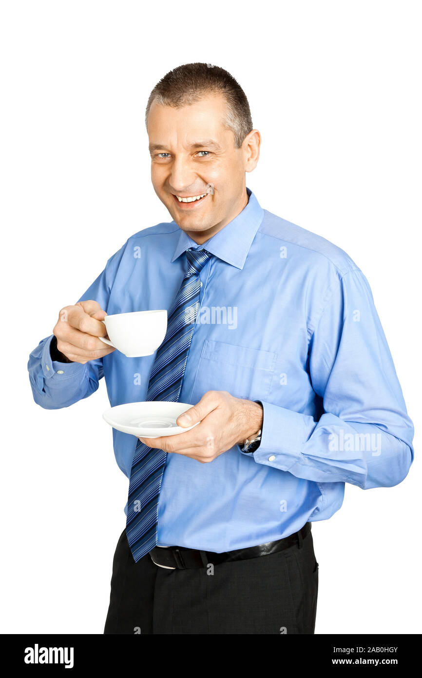 Ein Geschaeftsmann im blauen Hemd mit einer Tasse Kaffee Stock Photo