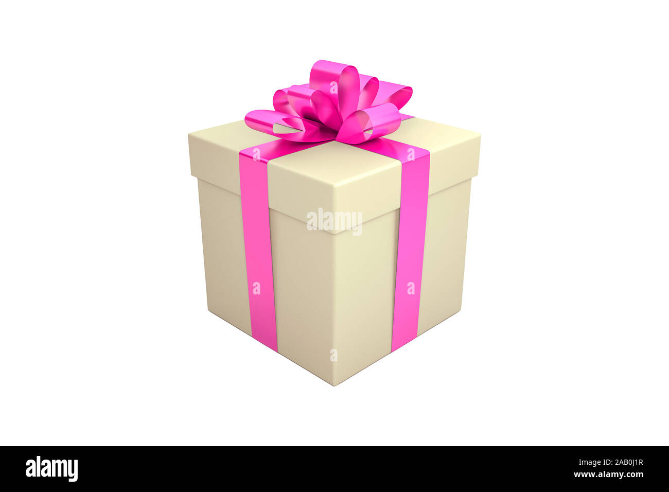Eine Geschenkbox mit rosa Schnur vor weissem Hintergrund Stock Photo
