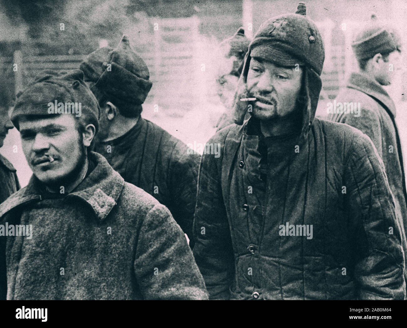 Photo of soviet war prisoners wiht cigarettes. The Winter War. 1939 Stock Photo