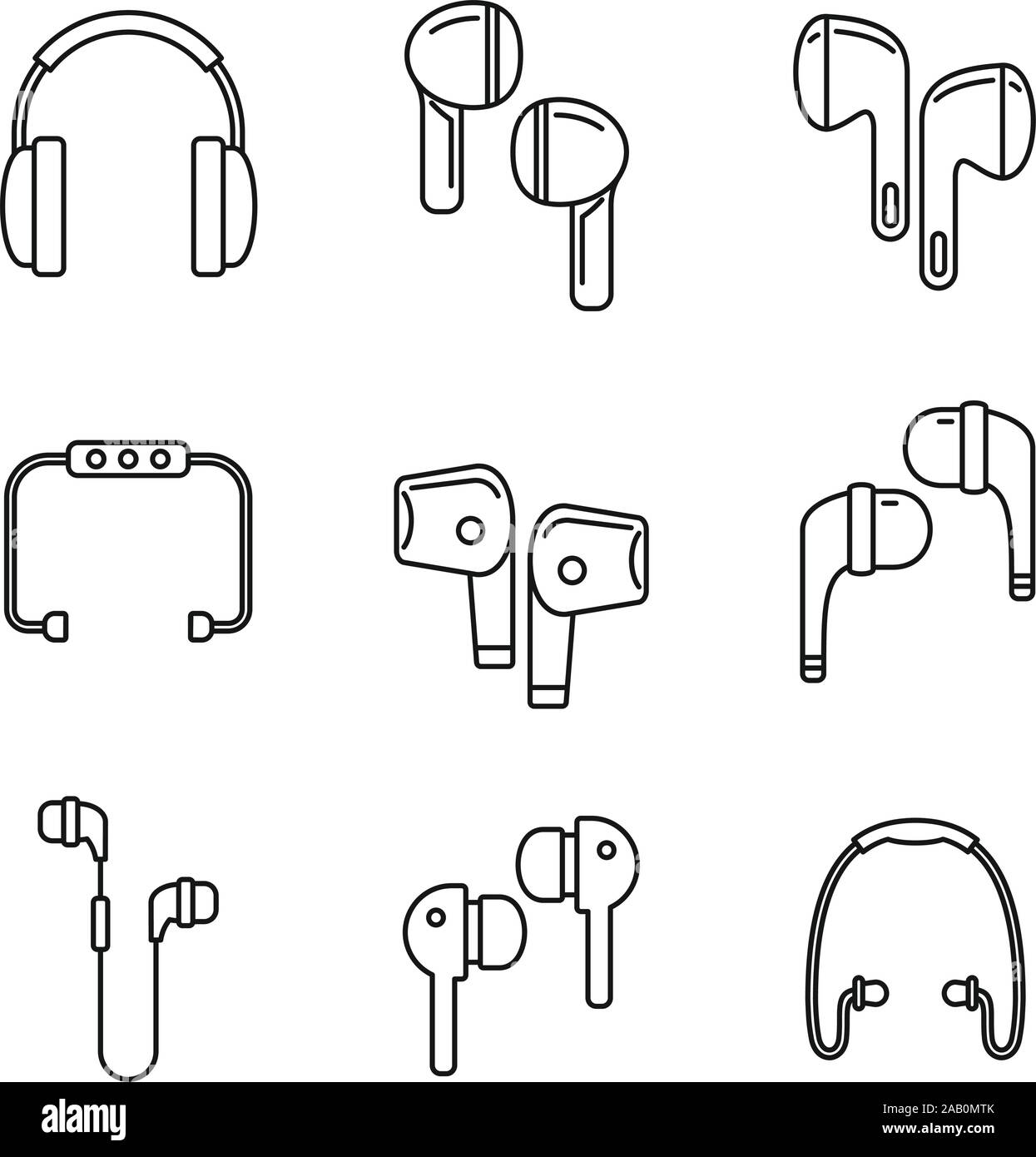 Personal wireless earbuds icons set. Outline set of personal wireless