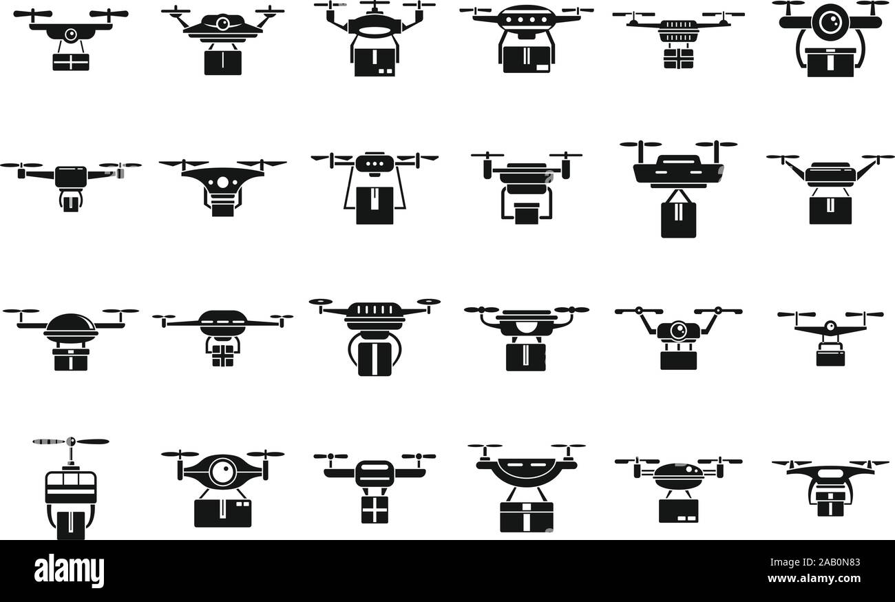Drone delivery service icons set. Simple set of drone delivery service ...