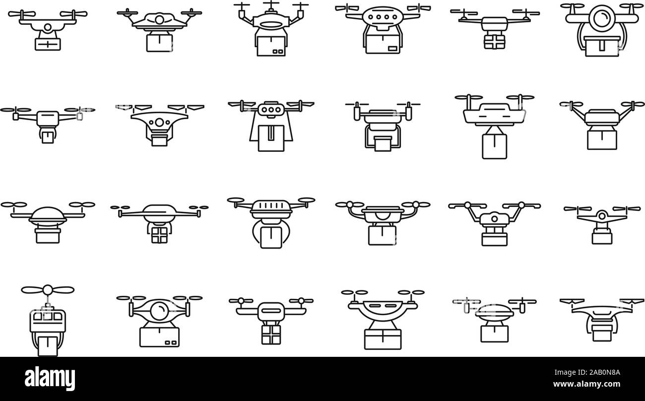 Air drone delivery service icons set. Outline set of air drone delivery ...