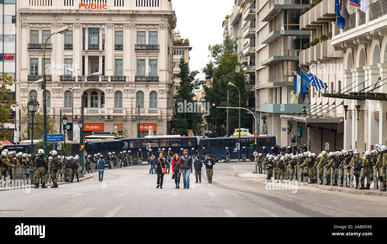 Members of the Greek Riot Police force, deployed next to Syntagma square to protect the