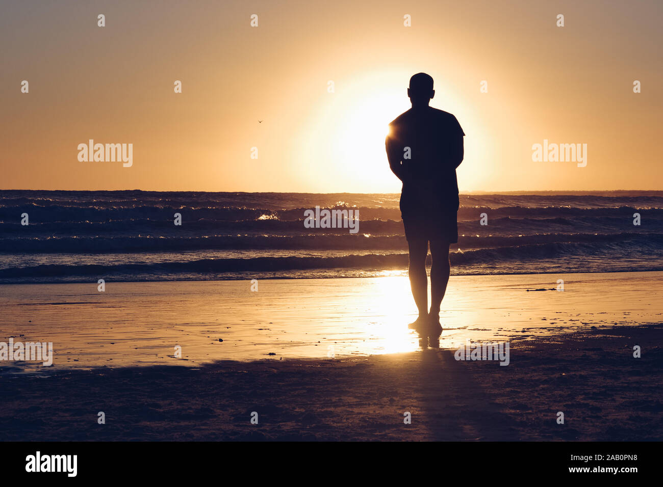 Silhouette of a man enjoying the sunset on the beach Stock Photo - Alamy