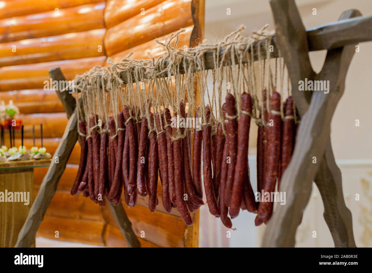 Traditional Hunting Sausages on the table. Family gathering for food ...