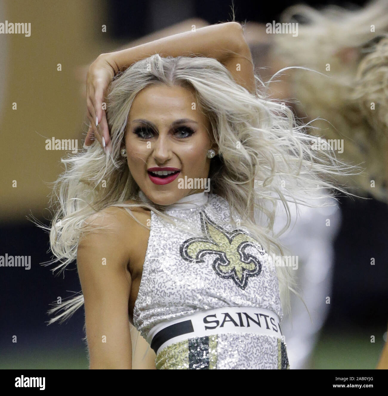New Orleans, United States. 24th Nov, 2019. A New Orleans Saints cheerleader entertains the