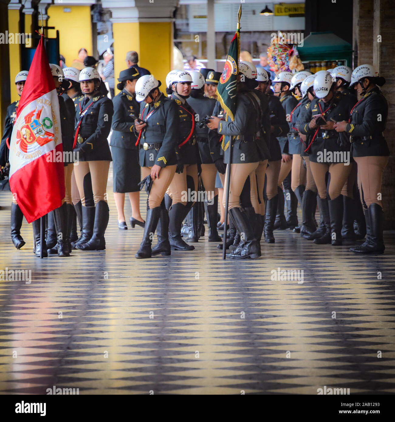 Lima, Peru - Nov 17, 2019: Female officers from the Peruvian Police Force in the Plaza de Armas Stock Photo