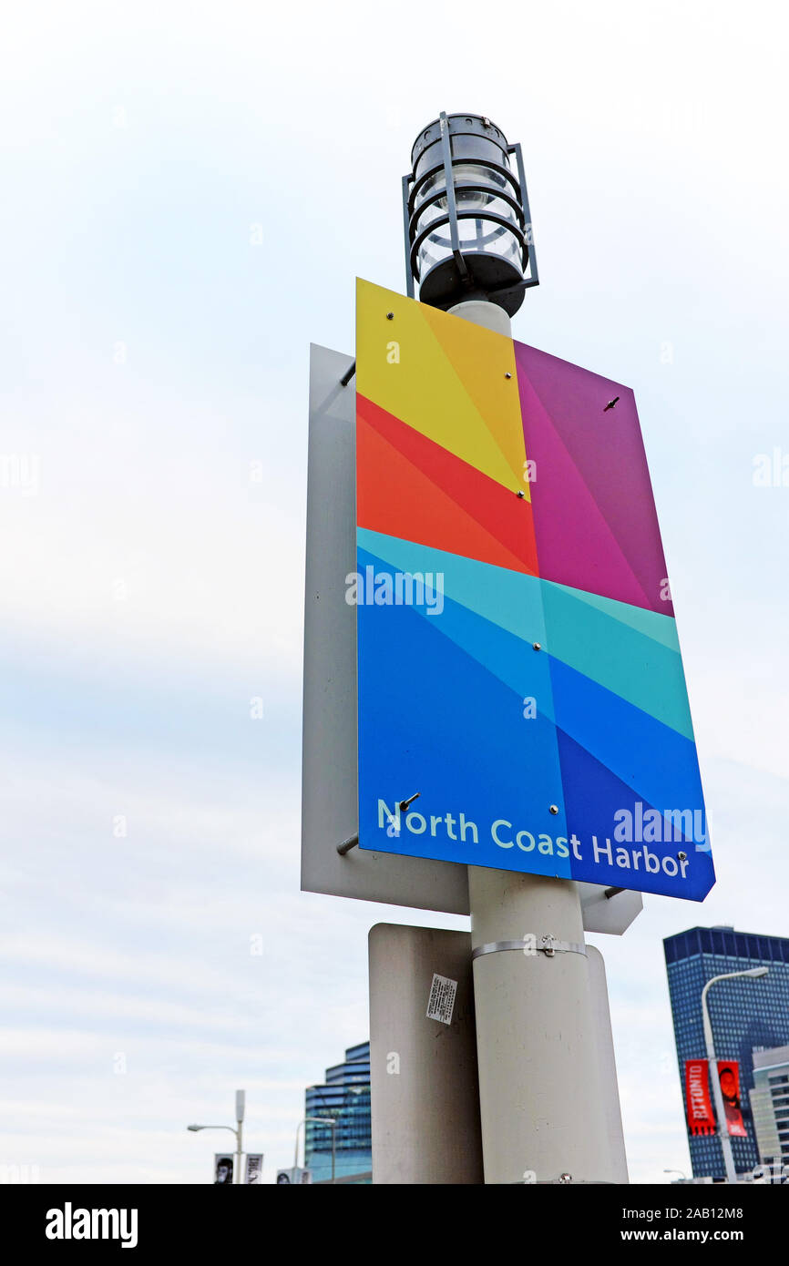Colorful North Coast Harbor sign in the North Coast Harbor District of Cleveland, Ohio, USA. Stock Photo