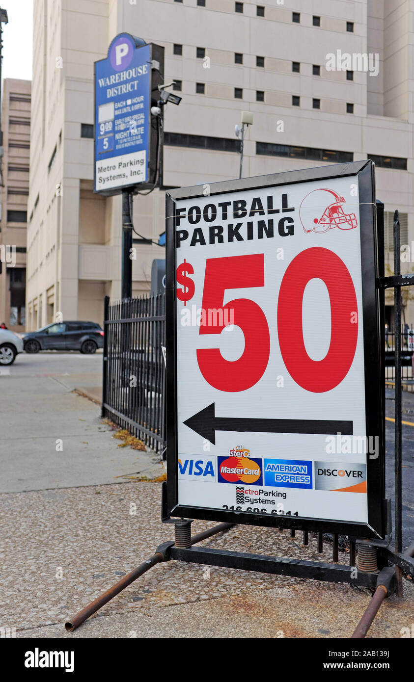 A parking sign in downtown Cleveland, Ohio, USA asking 50 dollars for parking during a football game in 2019. Stock Photo