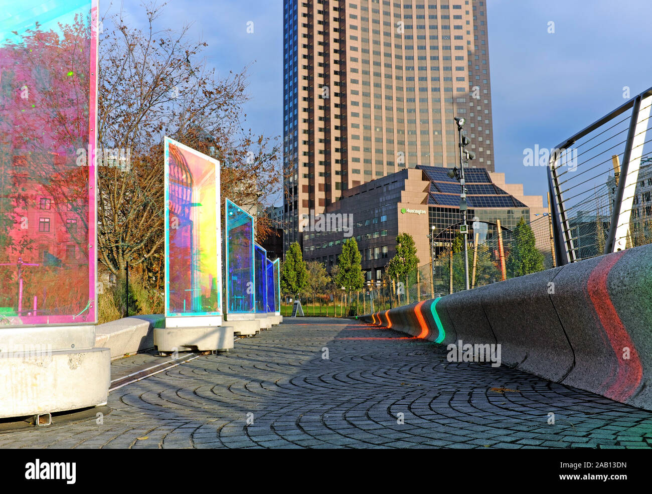 Prismatica, an interactive lighting exhibit by Raw Design of Toronto, is displayed in downtown Cleveland Public Square in late 2019. Stock Photo