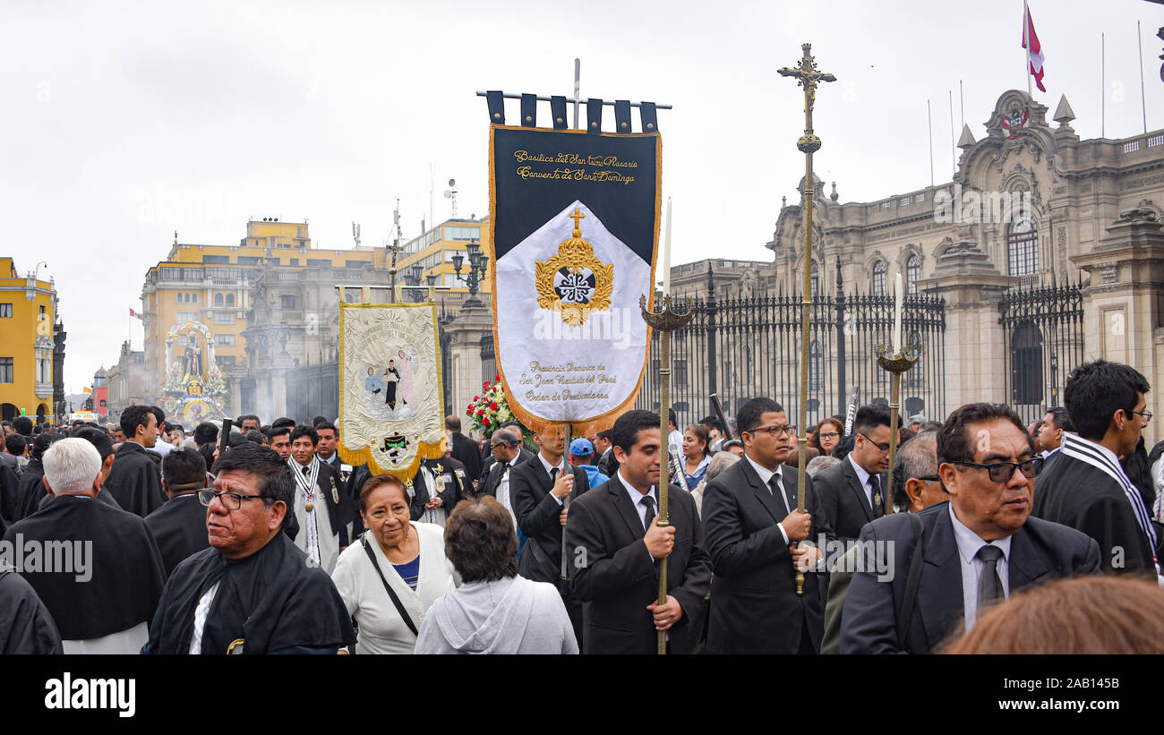 Lima, Peru - Nov 17, 2019: Crowds attend the procession for San Martin de Porres in Lima's main square Stock Photo