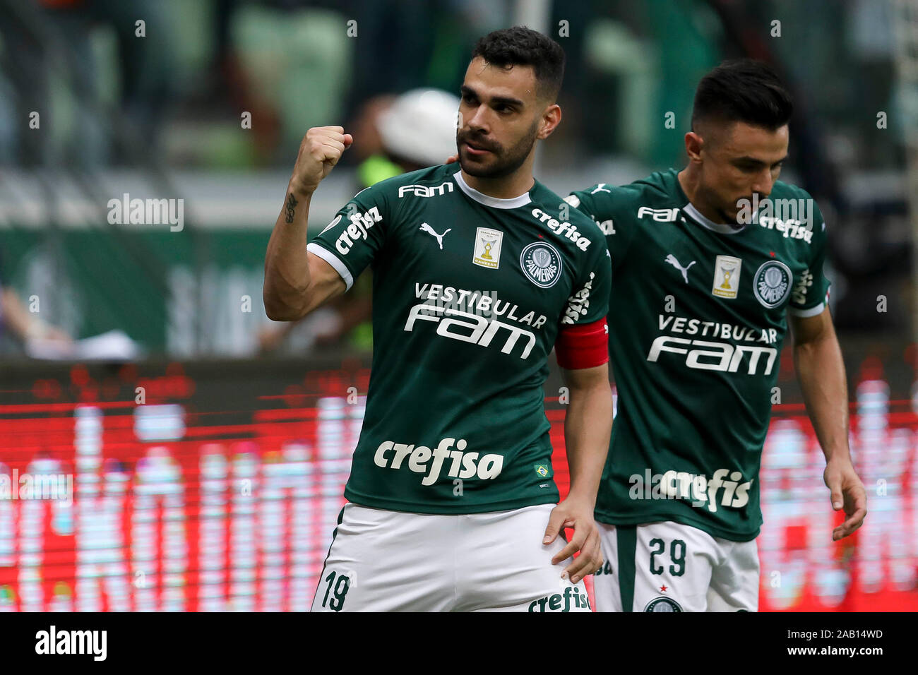 Players of Gremio during the game between Palmeiras and Gremio for the 34th  round of the Brazilian league, known locally as Campeonato Brasiliero. The  game took place at the Allianz Parque in