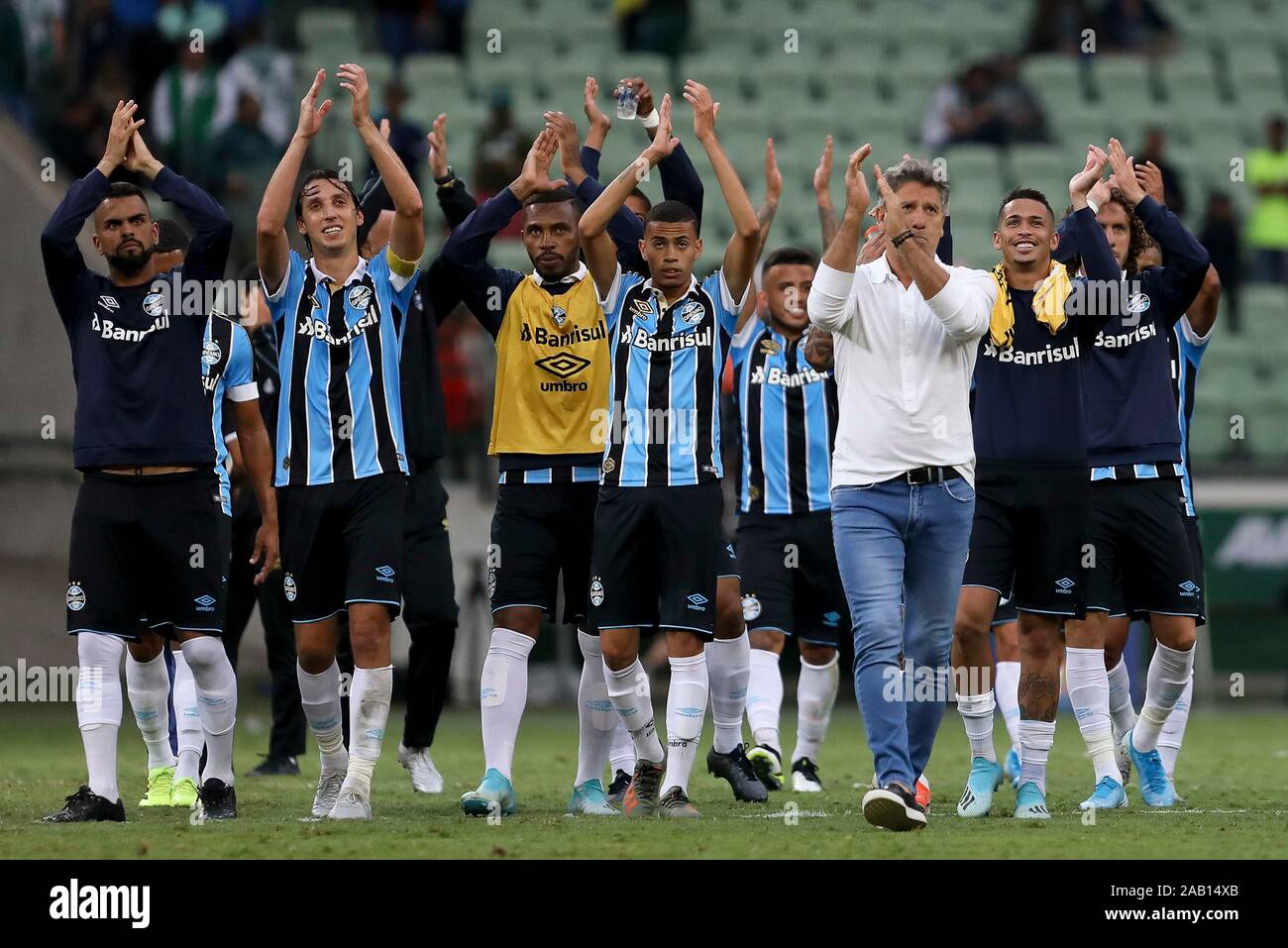 Players of Gremio during the game between Palmeiras and Gremio for the 34th  round of the Brazilian league, known locally as Campeonato Brasiliero. The  game took place at the Allianz Parque in