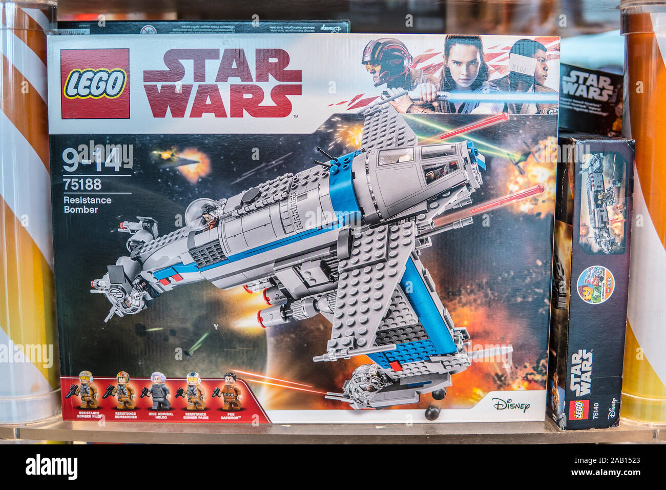 Lego box on the shop display for sale, Lego Star Wars, Speed, Super Heroes,  City, Juniors, Classic, Duplo, Creator, Technic, Friends, Ninjago, Elves  Stock Photo - Alamy