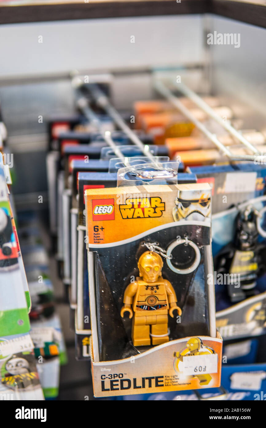Lego box on the shop for sale, Lego Star Wars, Super Heroes, City, Juniors, Classic, Duplo, Technic, Ninjago, Elves Stock Photo - Alamy