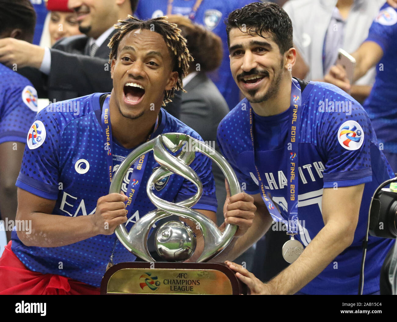 Saitama, Japan. 24th Nov, 2019. Saudi Arabia's Al Hilal SFC members Andre Carrillo (L) and Abdullah Alhafith (R) celebrate their victory of AFC Champions League at the final in Saitama, suburban Tokyo on Sunday, November 24, 2019. Al Hilal SFC defeated Urawa Reds 2-0 in the second match of the ACL finals. Credit: Yoshio Tsunoda/AFLO/Alamy Live News Stock Photo