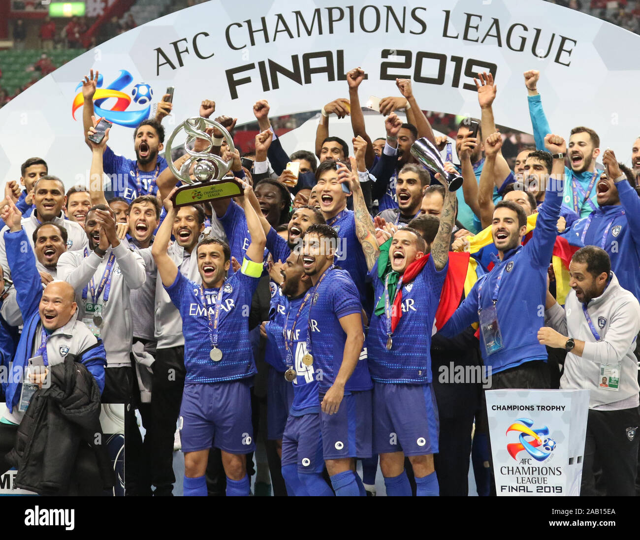 Saitama, Japan. 24th Nov, 2019. Saudi Arabia's Al Hilal SFC members  celebrate their victory of AFC Champions League at the final in Saitama,  suburban Tokyo on Sunday, November 24, 2019. Al Hilal