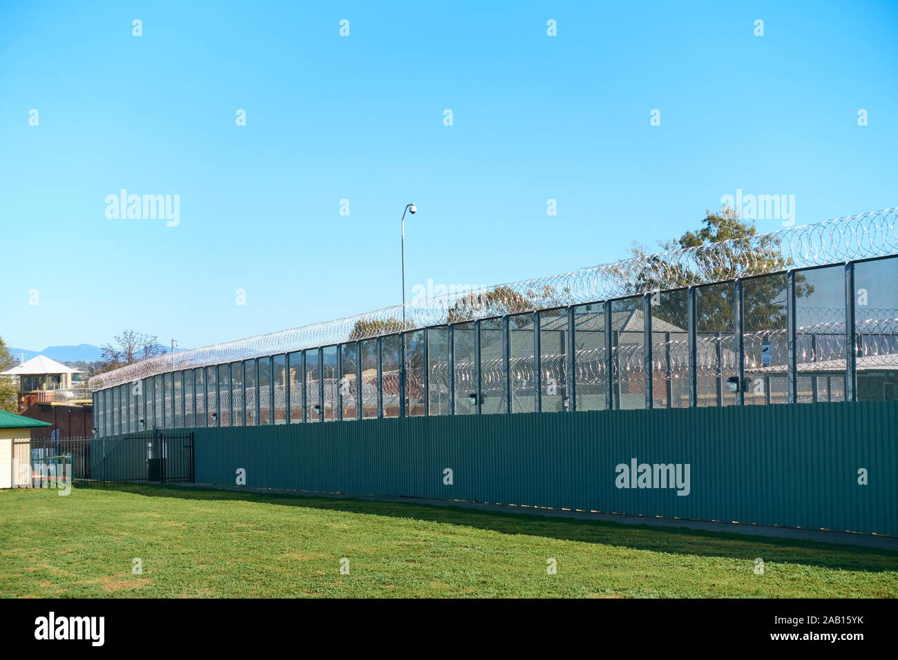 Tamworth Correctional Centre  fence with steel mesh topped with razor wire. NSW Australia. Stock Photo