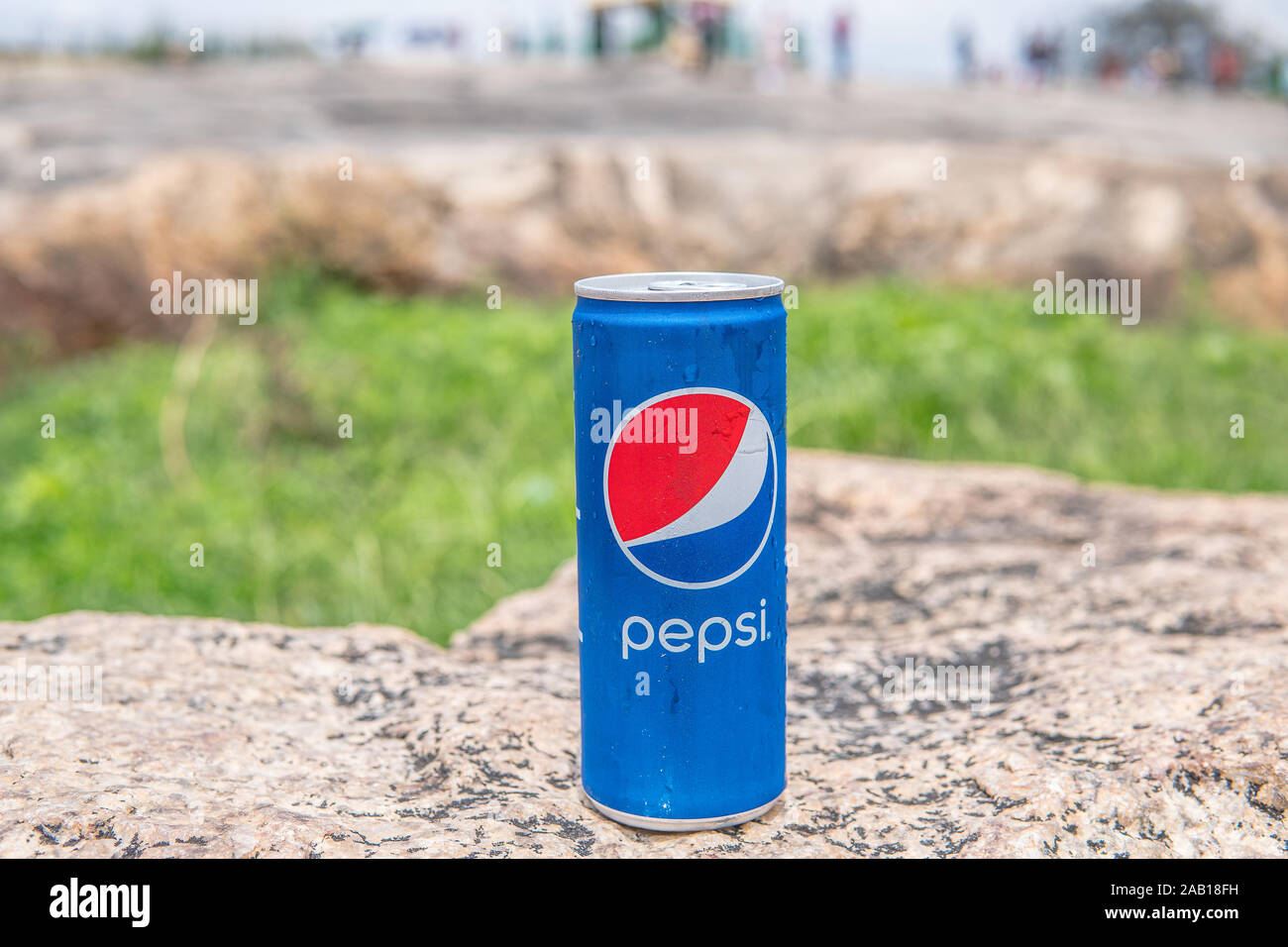 Bengaluru city, Lalbagh Botanical Garden Park, Pepsi Cola can on rocky landscape - oldest rocks on earth dating back to 3000 million years Stock Photo