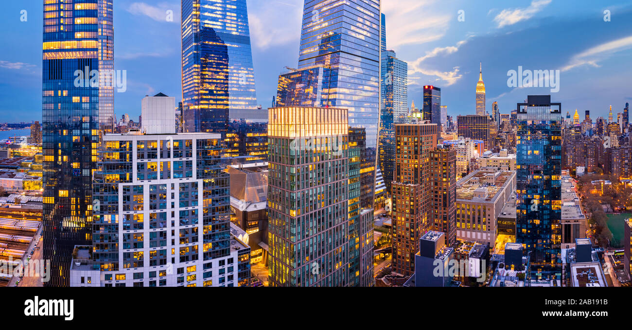Aerial panorama of New York City skyscrapers at dusk Stock Photo