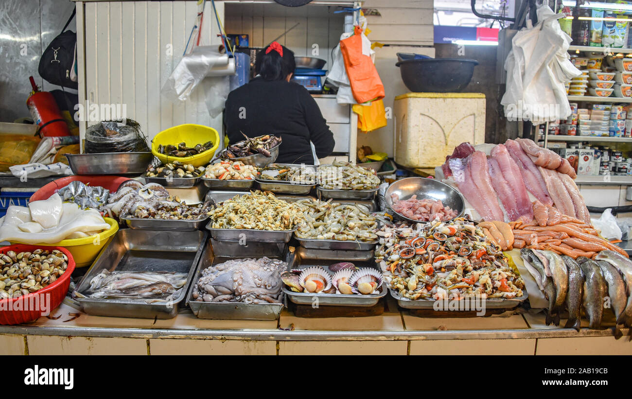 Lima, Peru - Nov 17, 2019: Fresh fish and sea food on sale in Lima's Mercado Central Stock Photo