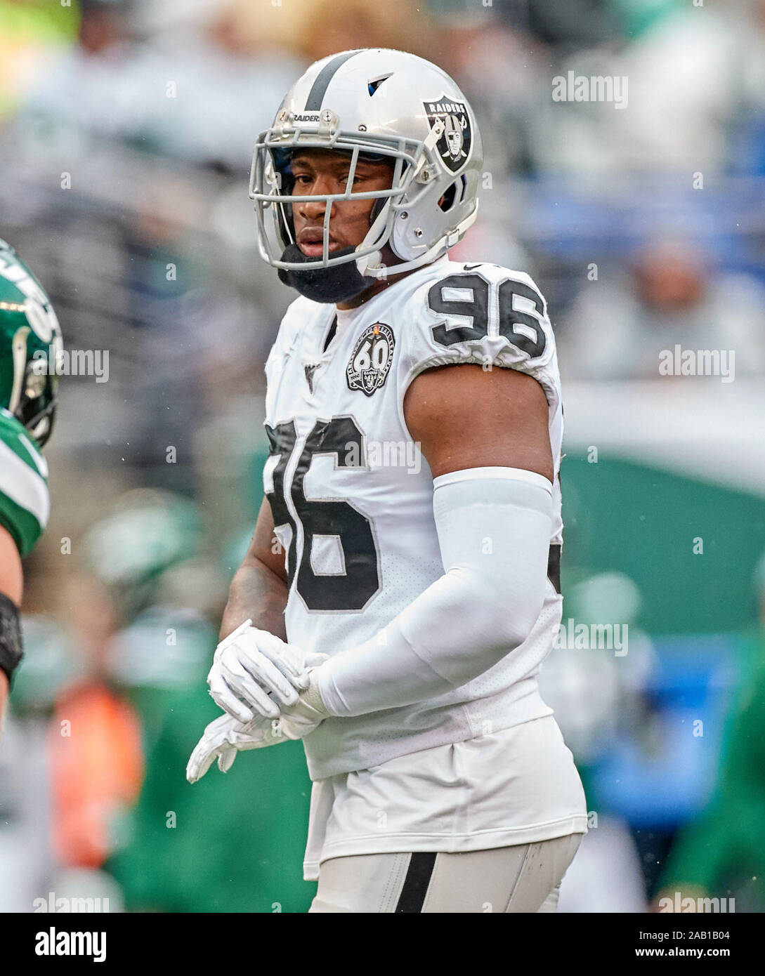 East Rutherford, New Jersey, USA. 24th Nov, 2019. Oakland Raiders defensive  end Clelin Ferrell (96) during a NFL game between the Oakland Raiders and  the New York Jets at MetLife Stadium in