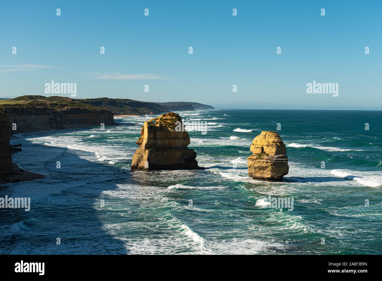 The Twelve Apostles, a collection of limestone rocks off the shore of the Port Campbell National Park, by the Great Ocean Road in Victoria, Australia Stock Photo