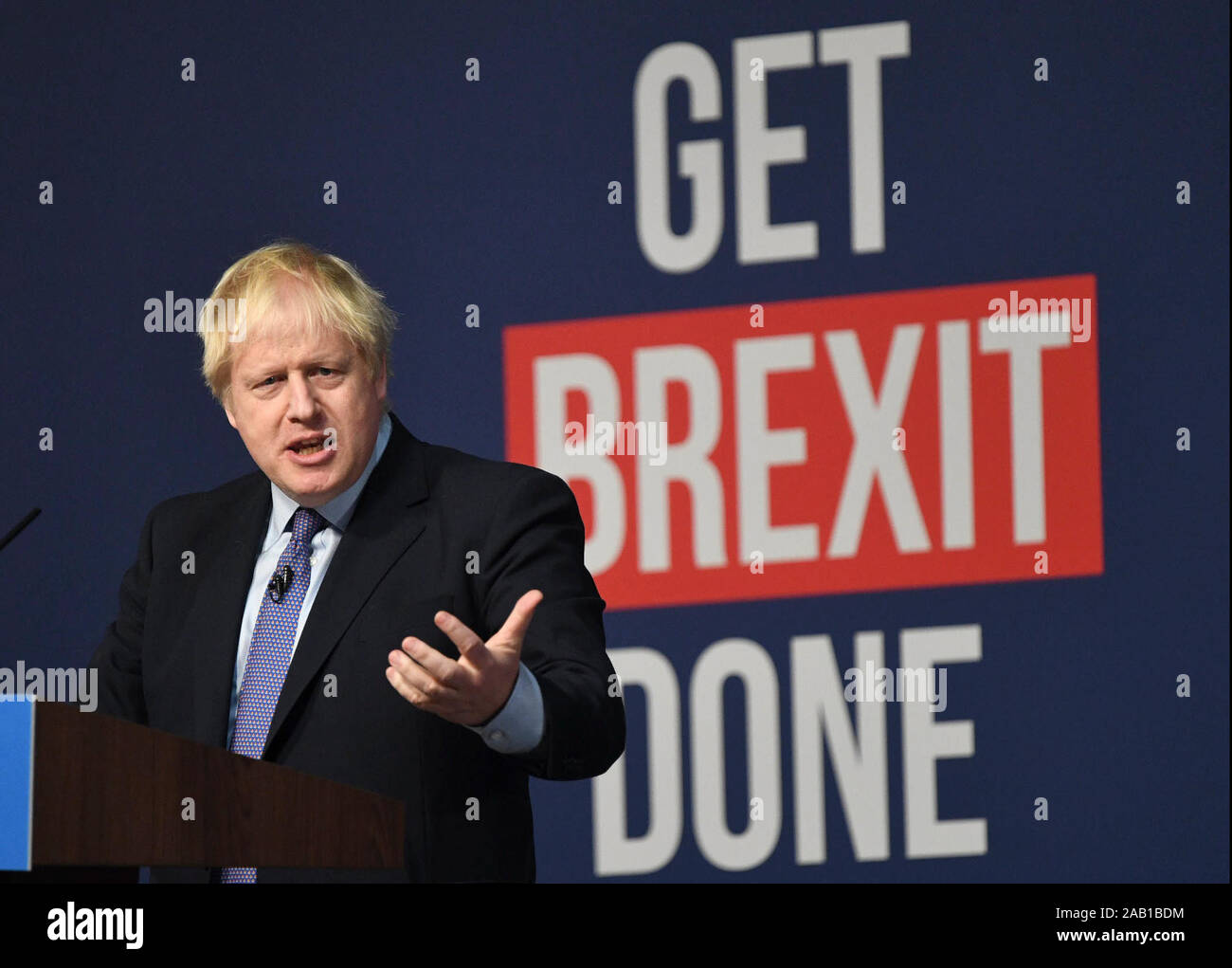 Telford. 24th Nov, 2019. British Prime Minister Boris Johnson delivers a speech at the launch of the Conservative Party election manifesto in Telford, Britain on Nov. 24, 2019. British Prime Minister Boris Johnson launched the Conservative Party's election manifesto Sunday, promising to put his "Get Brexit Done" deal before parliament ahead of Christmas recess. Credit: Xinhua/Alamy Live News Stock Photo