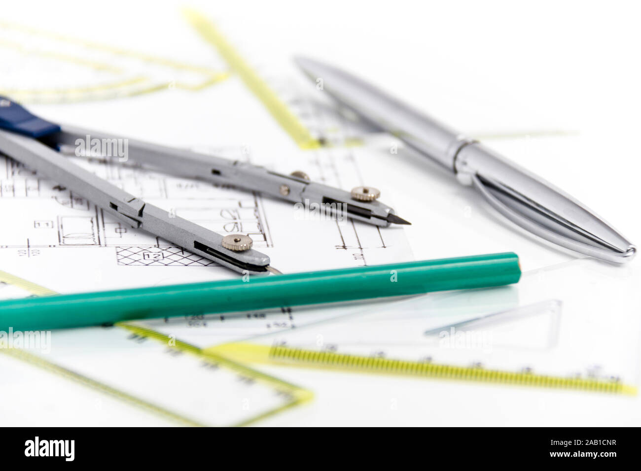 Photo of the Architectural project, pair of compasses, rulers and ...