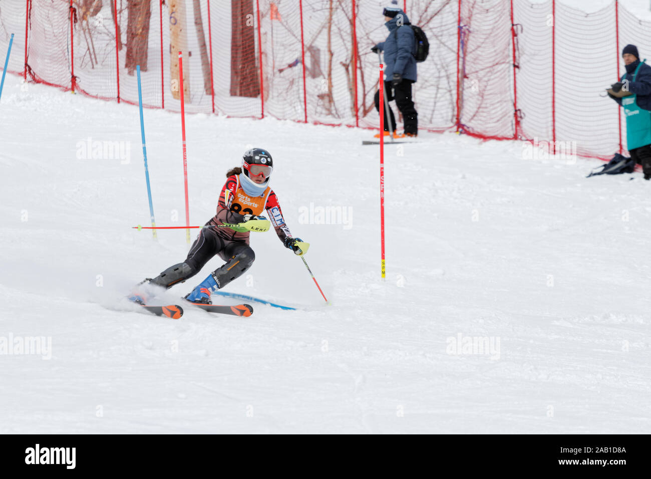 Quebec,Canada. a skier competes in the Super Serie Sports Experts Ladies slalom race held at Val Saint-Come Stock Photo