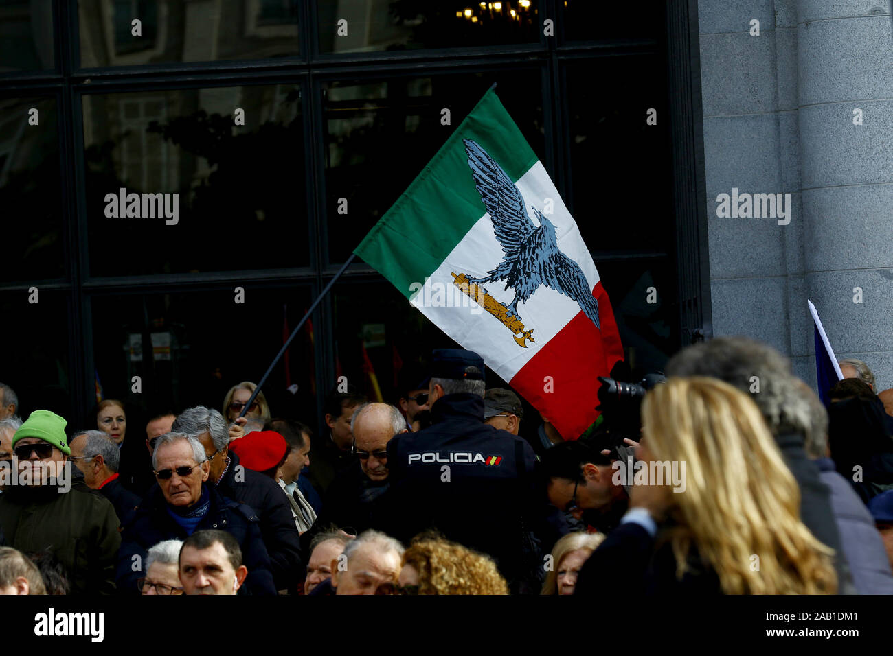 Madrid, Spain; 24/11/2019.- Far-right groups La Falange and Alternativa Española (AES) in Madrid march to commemorate the dictatorship of Francisco Franco and the 38th anniversary of the dictator's death. Also the 77th anniversary of the death of the dictator and leader of La Falange, José Antonio Primo de Rivera and to protest against the exhumation of the dictator. At the event six women members of Femen protestedPhoto: Juan Carlos Rojas/Picture Alliance | usage worldwide Stock Photo