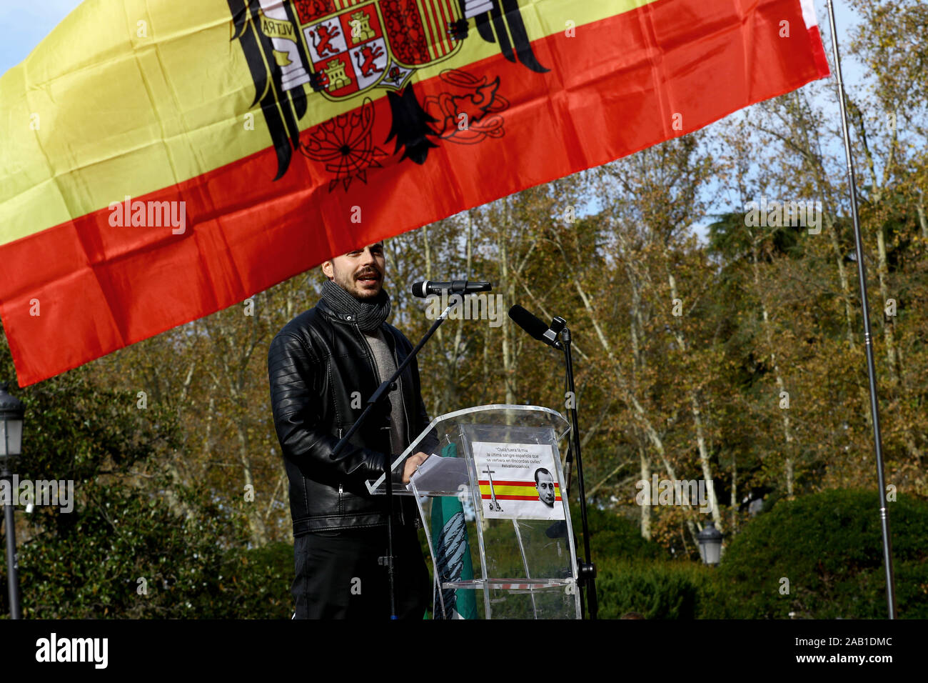 Madrid, Spain; 24/11/2019.- Far-right groups La Falange and Alternativa Española (AES) in Madrid march to commemorate the dictatorship of Francisco Franco and the 38th anniversary of the dictator's death. Also the 77th anniversary of the death of the dictator and leader of La Falange, José Antonio Primo de Rivera and to protest against the exhumation of the dictator. At the event six women members of Femen protestedPhoto: Juan Carlos Rojas/Picture Alliance | usage worldwide Stock Photo