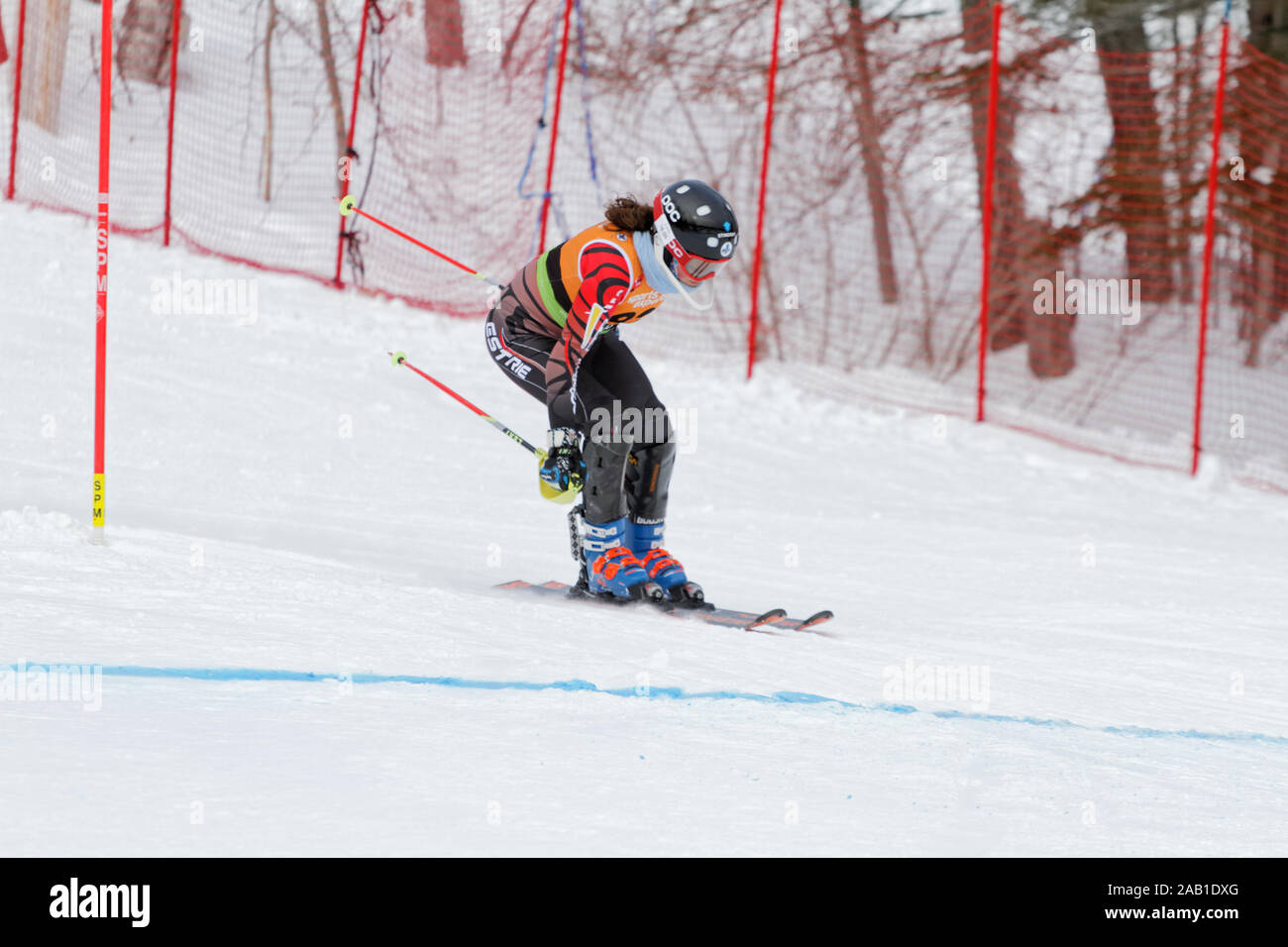Quebec,Canada. A skier competes in the Super Serie Sports Experts Ladies slalom race held at Val Saint-Come Stock Photo