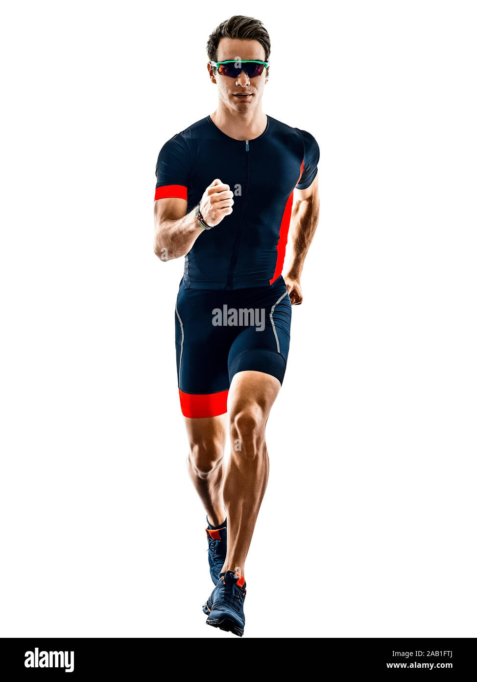 triathlete triathlon runner running in silhouette isolated  on white background Stock Photo