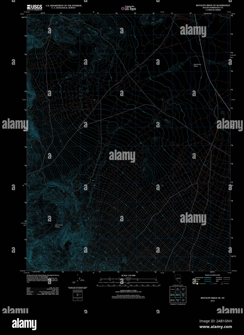 USGS TOPO Map Nevada NV Rhyolite Ridge NE 20120103 TM Inverted ...