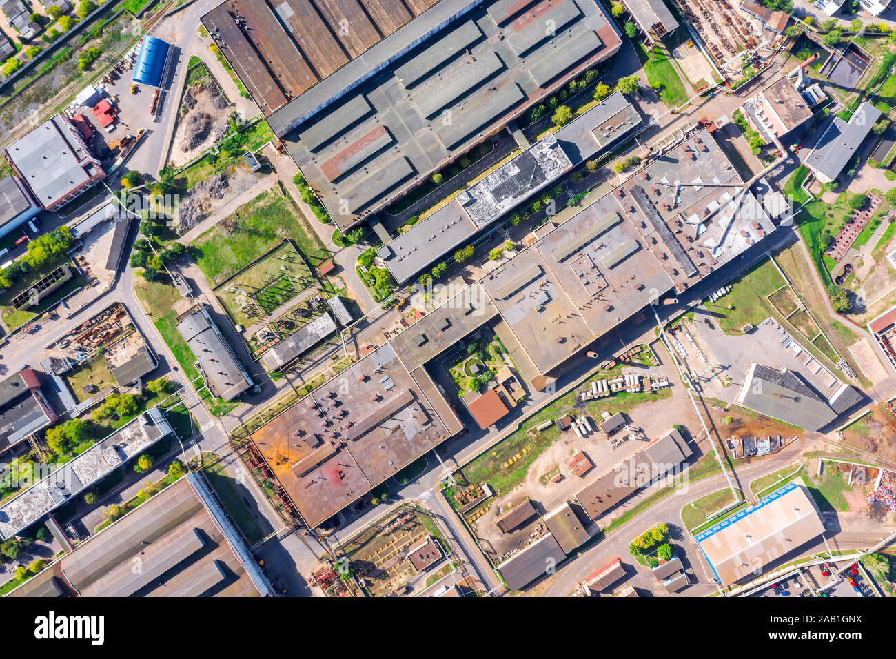 aerial top view of city industrial park with plants and factories. view