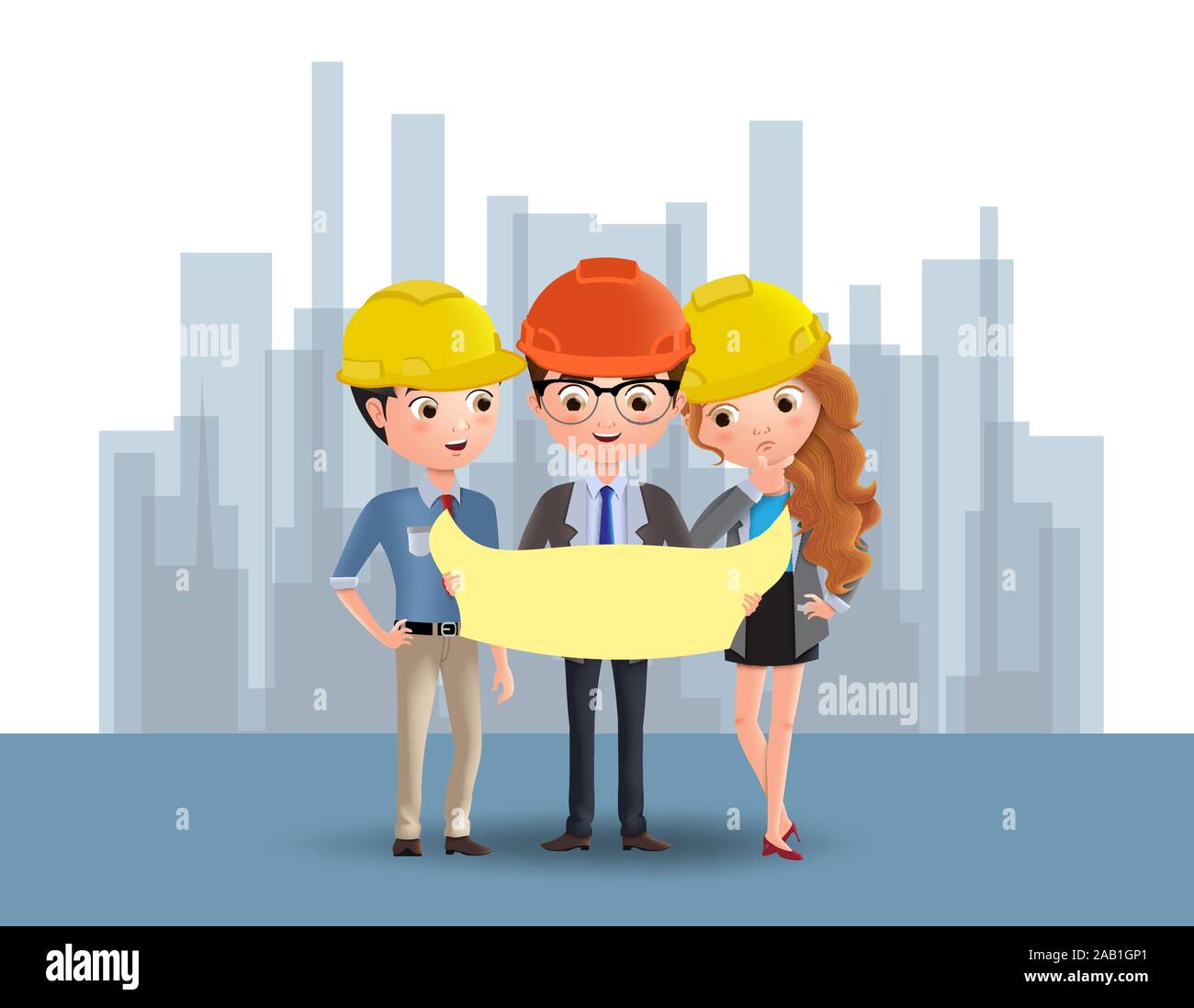 Business characters engineering vector concept. Business character of engineer and architect in construction site standing, planning and holding Stock Vector