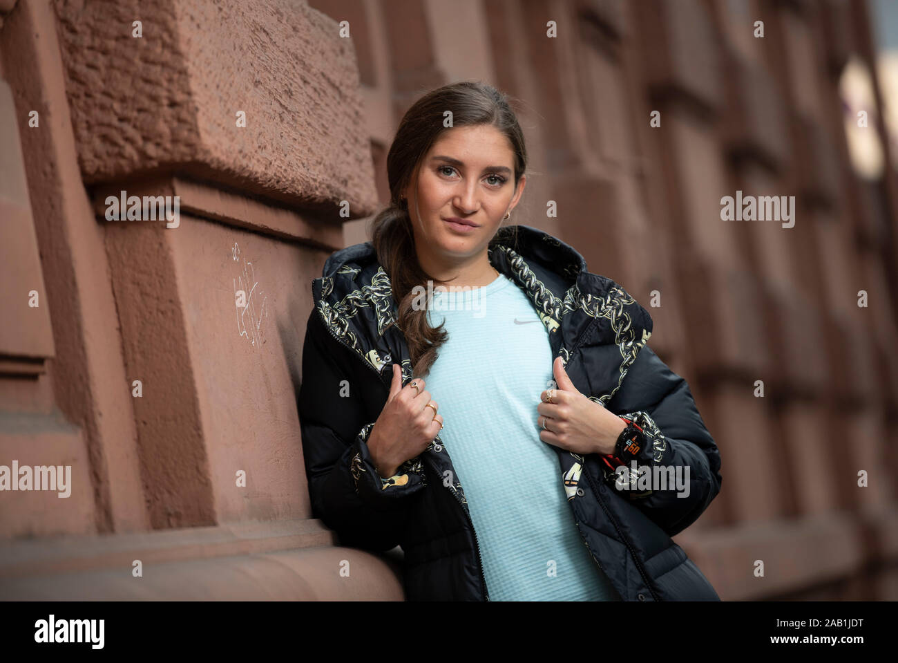 19 November 2019, Hessen, Frankfurt/Main: Athlete Gesa Krause is standing on a street in the station district during a photo session with the dpa. Photo: Boris Roessler/dpa Stock Photo
