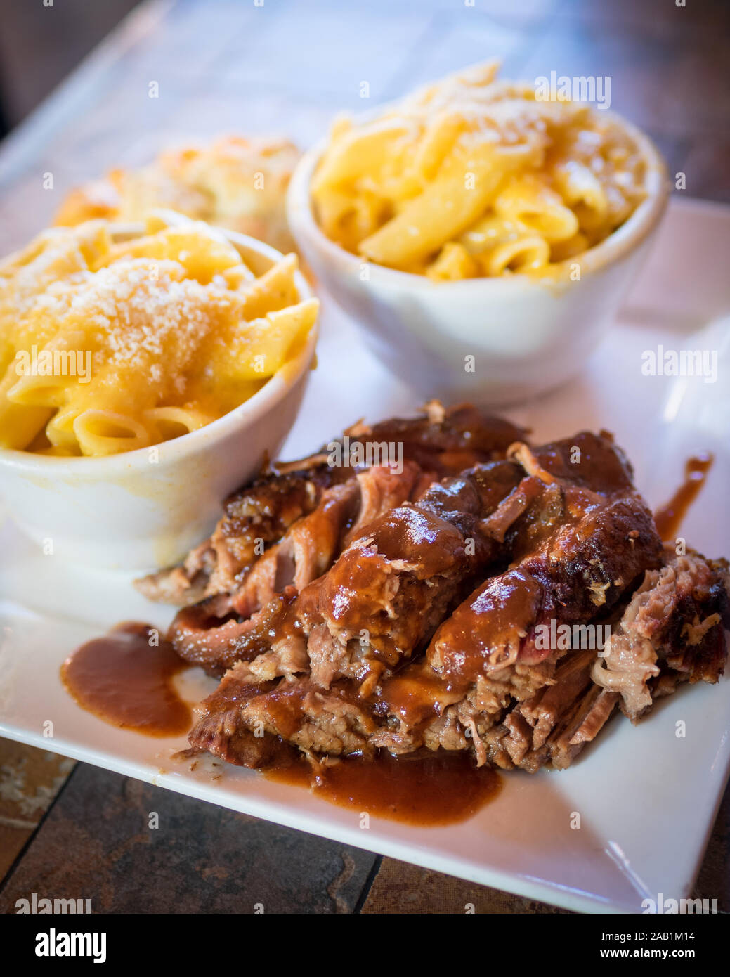 A platter of smoked beef brisket and mac and cheese from Vi's for Pies in Edmonton, Alberta