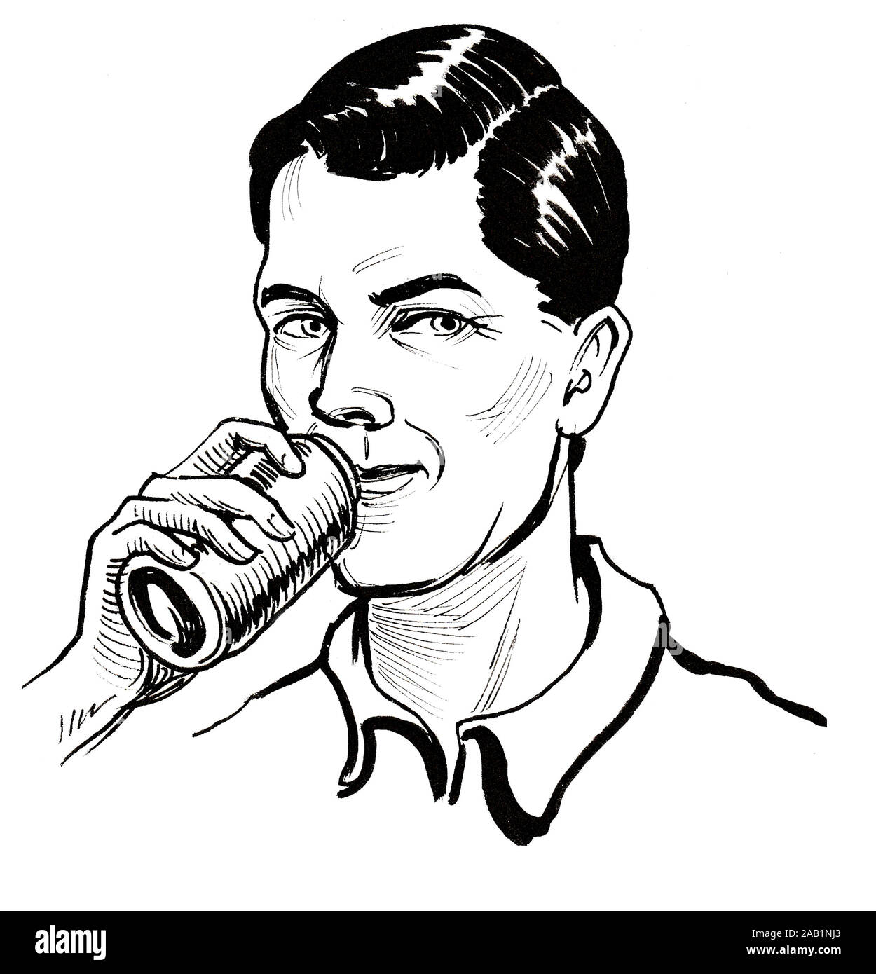 Man drinking from the can. Ink black and white drawing Stock Photo